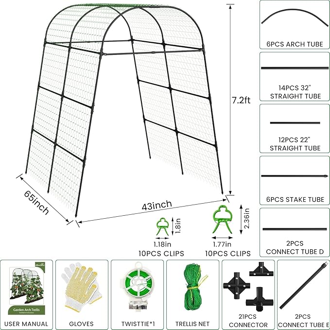 7.2FT Garden Arch Trellis for Climbing Plants, Heavy Duty 66" Wide Walk-Through Metal Arch with Netting, Wind-Resistant Vertical Garden Support for Cucumbers, Roses, Beans, Squash (65" Arch)
