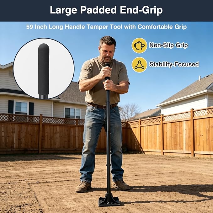 Heavy Duty Hand Tamper 8"x8" Steel Ground Tamper Tool – Manual Landscaping Tamping for Soil, Dirt, Concrete, Asphalt, Driveway & Pavement Repair, 58" Handle Garden Leveler