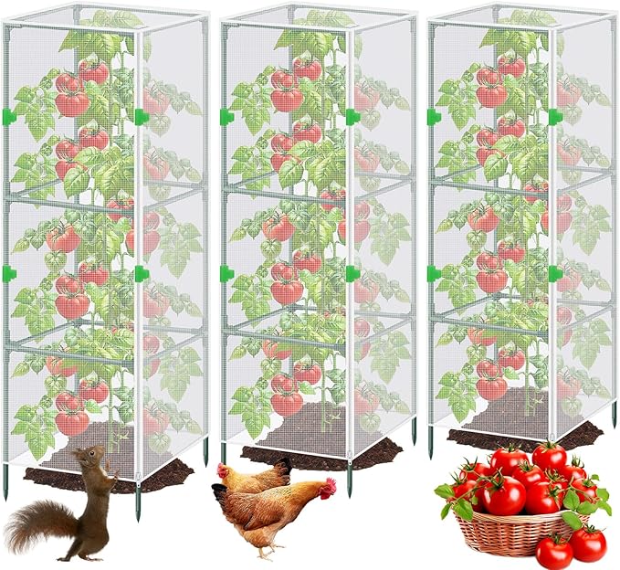 3Pack Garden Bird Netting Plant Cover for Square Tomato Cage,59"x17.7" Insect Bird Barrier Tomato Cage Net with Zipper&12pcs Clips,Tomato Trellis Netting Protection Mesh Cover for Protecting Plants
