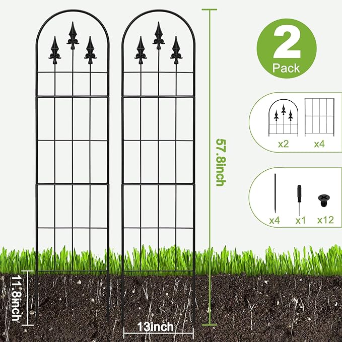 2 Pack 57.8" H x13 W Garden Trellis for Climbing Plants Outdoor, Rustproof Arched Metal Rose Trellis for Outdoor Indoor Roses Clematis Potted Climbing Plants Vines Flowers Decorative, Black