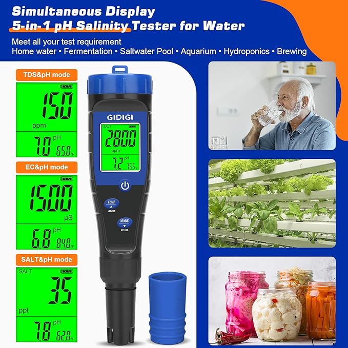 Salt Tester for Pool, pH Meter Digital 5-in-1 pH TDS EC Salt Content Meter with Calibration Solution Set, pH ppm Meter for Salt Water Pool, Aquarium, Hot Tub, Spa, Hydroponics, Home Brew
