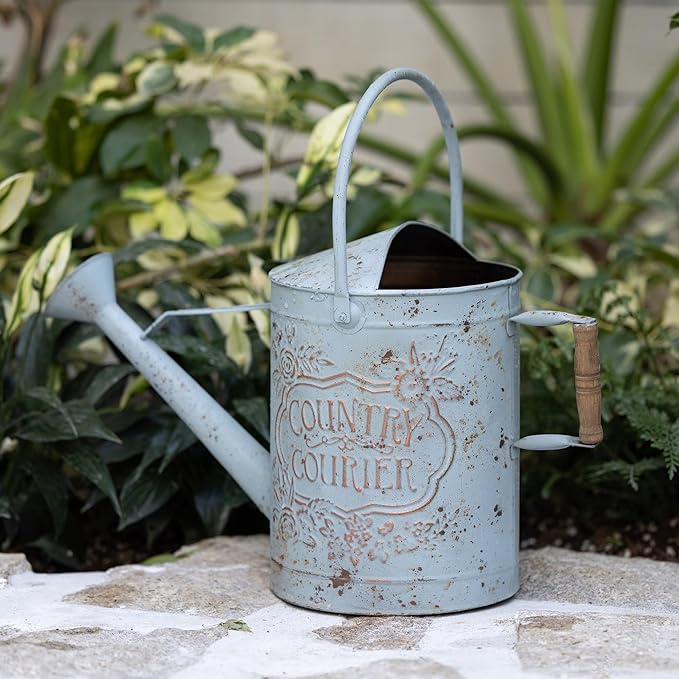 Vintage Metal Watering Can with Country Corner Floral Emboss & Wooden Handle Garden Distressed Blue Decorative Watering Pot Farmhouse Waterer for Home Garden Balcony Courtyard 2 Gallon