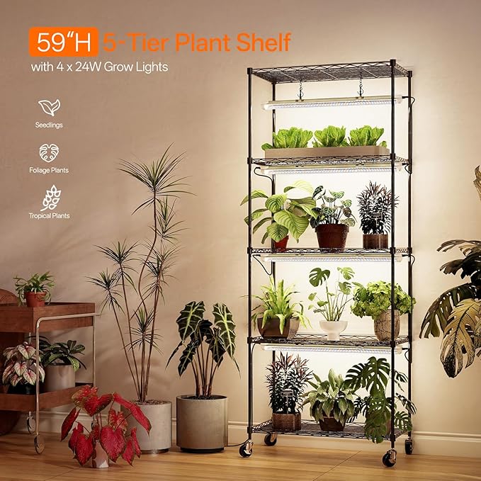 Bstrip Plant Stand with Grow Light, 5-Tier Plant Shelf with 4 Pack T8 Full Spectrum Grow Light for Indoor Plant Seed Starting, Winter to Spring Transition, Seed Tray, Timer & Wheels, 23.5"x13.8"x 59"