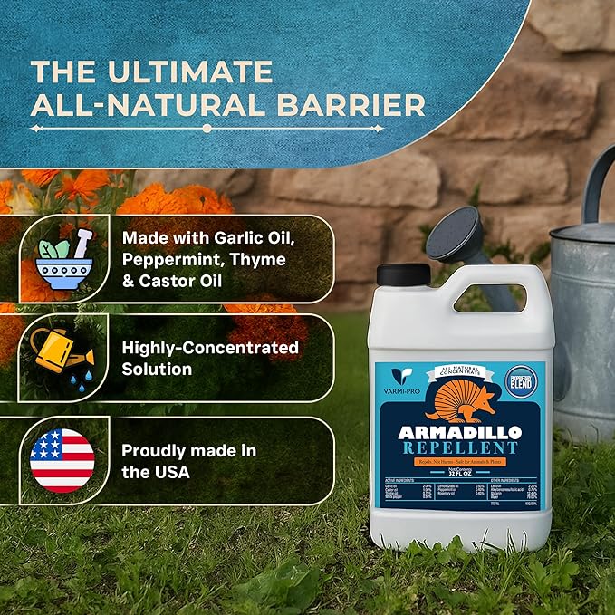 VarmiPro Armadillo Repellent Spray Concentrate - 32 fl oz Natural Outdoor Armadillo Deterrent for Yard, Garden, Lawn, Trees, and Plants - Safe for Pets, Animals, Flowers, Shrubs, and Flower Beds