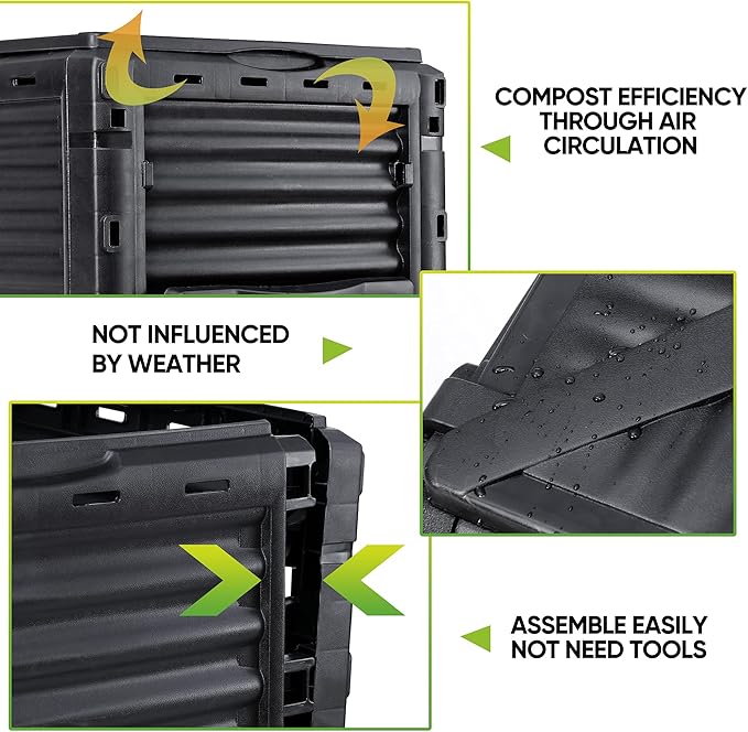 JupiterForce Garden Compost Bin 80 Gallon (300 L) from BPA Free Material, Large Composting Bin Outdoor Composter with Gloves, Easy Assembling, Fast Creation of Fertile Soil, Lightweight, Black