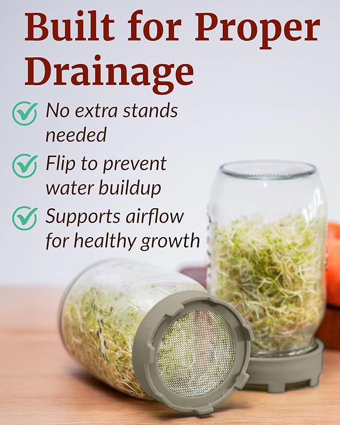 Elementi Sprouting Kit - Set of 2 Sprouting Lids for Wide Mouth Mason Jars, Sprouts Growing Kit for Bean Sprouts (Mushroom)