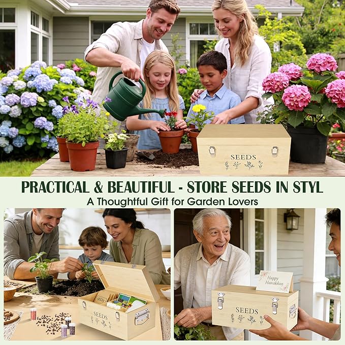 Bamboo Seed Storage Organizer, Large Garden Seed Organizer with Lid & Safety Lock & Handles, Seed Box Includes Seed Envelopes and Labels etc, Great Gifts Gardening Kit (Wood)