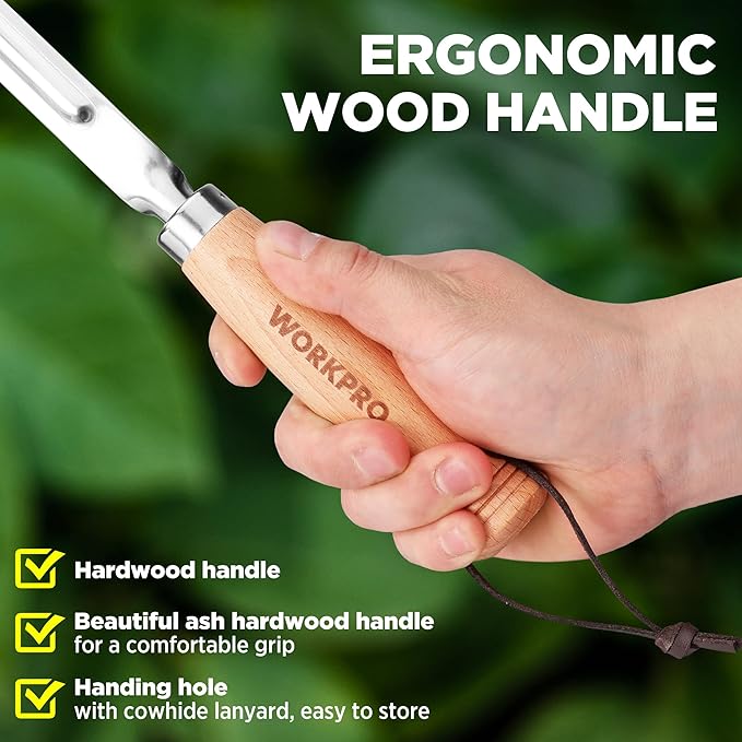 WORKPRO Crack Weeder, 12" Stainless Steel Crevice Weeding Tool with Beech Wood Handle, L-Shaped Side-Walk Weed Puller Spatula, for Garden Lawn Yard Patio Terrace Paving Moss, Small Gardening Tool