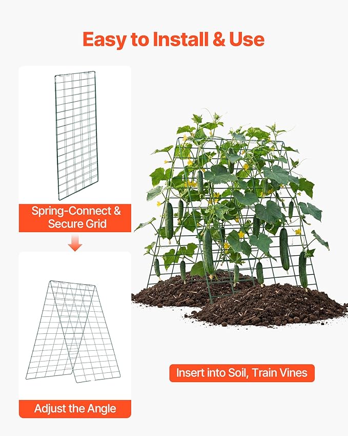 VEVOR Cucumber Trellis, 35" x 55" Foldable A-Frame Garden Trellises for Raised Bed, 4 Panels, Metal Rustproof Outdoor Climbing Plant Support with Gloves for Vine, Peas, Beans, Tomato, Flowers