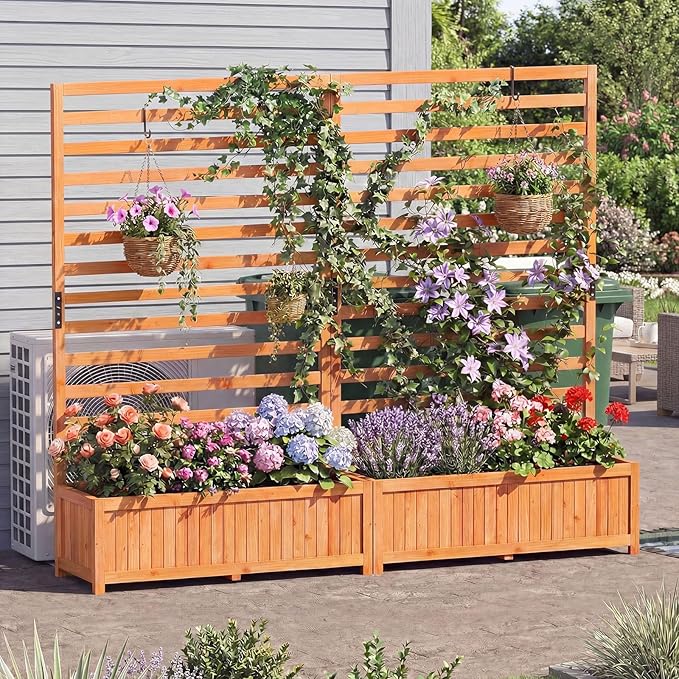 Giantex Set of 2 Raised Garden Bed with Trellis, 59” Tall Planter Box with Liner, Drainage Gaps for Climbing Vine Vegetable Flower, Indoor Outdoor Freestanding Privacy Screen for Porch Patio Yard