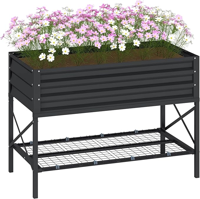 Outsunny Raised Garden Bed with Galvanized Steel Frame, Storage Shelf and Bed Liner, Elevated Planter Box with Legs for Vegetables, Flowers, Herbs, Dark Gray