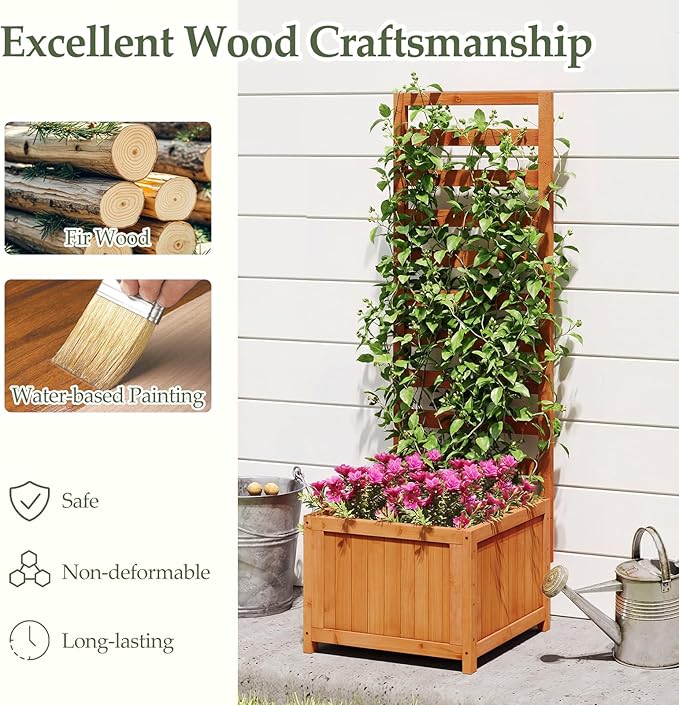 HAPPYGRILL Raised Garden Bed with Trellis, 48" Wood Elevated Planter Box w/Drainage Holes & Gaps for Climbing Plants Vines Flowers, Indoor Outdoor Privacy Fence Planter Raised Bed for Patio Yard (1)