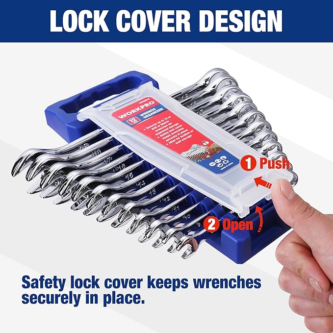 WORKPRO 2-Piece Wrench Organizer, 24-Slot Plastic Wrenches Holder Set with Lock Cover, Metric & SAE Compatibility (Up to 19mm or 7/8), Premium Quality Wrench Rack Tool Trays with Carrying Handle