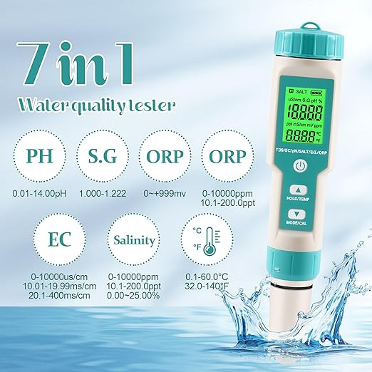 pH Meter for Water 7 in 1 PH/TDS/EC/Salt/S.G/ORP/Temp Meter,pH Tester Digital Backlit Waterproof LCD,TDS Meter EC Meter PPM Meter Suitable for Pools, Drinking Water, Aquariums, Hydroponic Cooking.