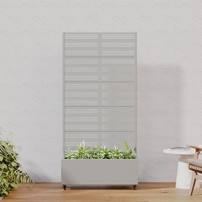 Casaphoria Metal Raised Garden Bed with Trellis and Wheels, 72"x35"x16" Planter Box for Climbing Plants, Vegetables & Vines, Features Drainage Holes and Privacy Screen, Grey-Harold