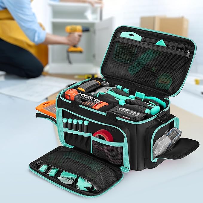Tool Tote Bag for Women, Tool Storage Organizer with Anti-friction Bottom, Tactical Range Bag for Electrician, Carpenters, Repairman, Turquoise