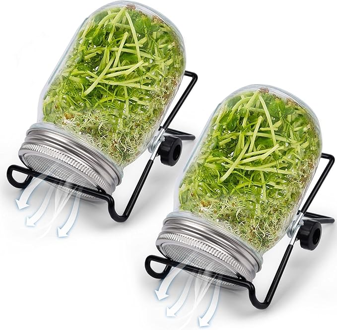 Sprouting Jar Kit, Wide Mouth Quart Mason Jars with Screen Sprout Lids & Stand, Seeds Germination Growing Kit, Seed Sprouter Set for Growing Organic Broccoli Alfalfa Mung Microgreens Bean, 2 Pack