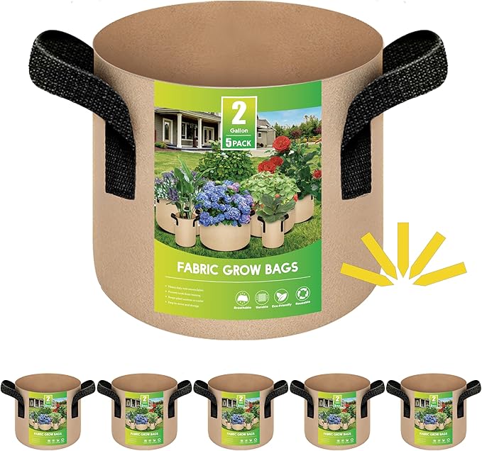 iPower 5-Pack 2 Gallon Plant Grow Bags Thickened Nonwoven Aeration Fabric Pots Heavy Duty Durable Container, Strap Handles for Garden, Tan New