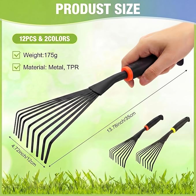 Yaocom 12 Pcs Hand Rakes Garden Tool Mini Heavy Duty Garden Cultivator 11 Inch Small Rake Gardening Hand Tiller with Handle for Digging Weeding Loose Soil(9-Tine Rake,Yellow, Orange)