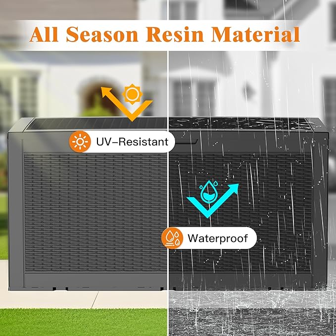 110 Gallon Outdoor Storage Box, Waterproof Large Deck Box for Backyard Garden Tools with Hydraulic Hinges, UV-Resistant Lockable Patio Storage Box for Cushions, Package Delivery Box