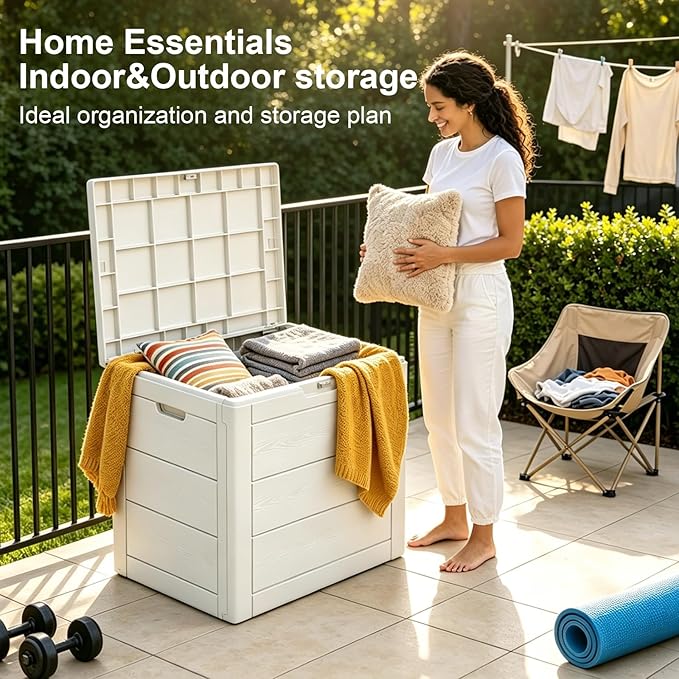 35 Gallon Deck Box, Lockable Waterproof Resin Storage Box for Patio, Indoor & Outdoor Use, for Cushions, Accessories, Package Delivery & Garden Tools (White)