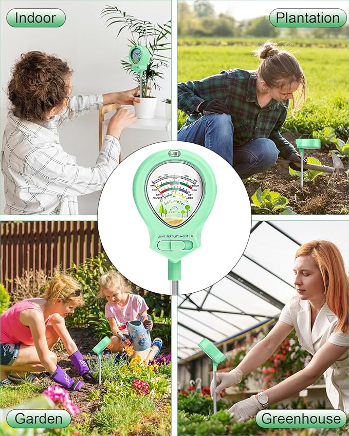 2024 Upgraded Soil Moisture Meter for Plants, Soil pH Meter, 4-in-1 Soil Tester for Light/Moisture/pH/Fertility, Plant Water Meter for Garden, Lawn, Farm, Indoor & Outdoor