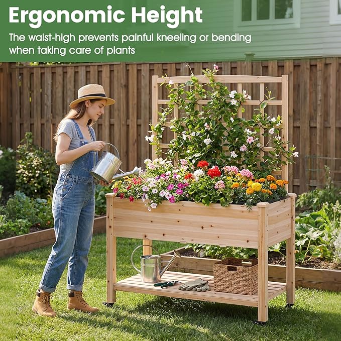 Giantex 65'' Wooden Raised Garden Bed w/Trellis on Wheels Set 2, Mobile Elevated Planter Box w/Legs, Liner & Drainage Holes for Climbing Plant Vegetable Herb Flower, Outdoor Garden Box, Backyard