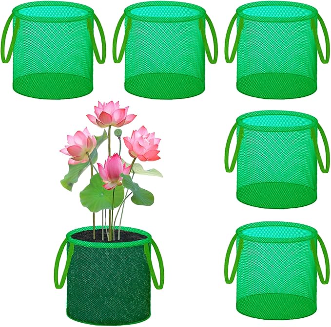 Pond Planting Bags with Handles, Aquatic Pond Lily Planter Reusable Water Gardens Plant Mesh Pots Green Round Pond Plant Basket for Aquatic, Marsh, Bog, Garden, Terrestrial Plants (6 Pcs)