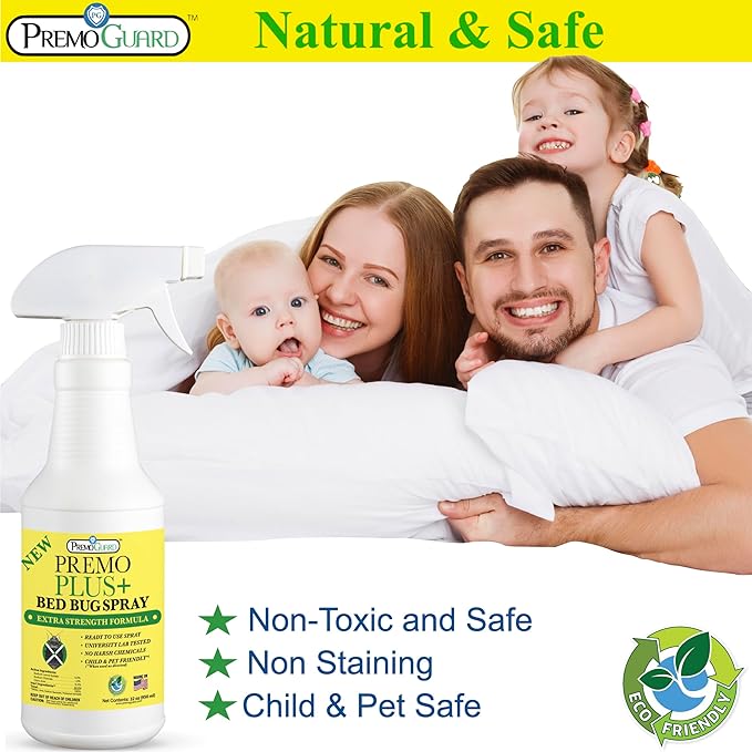 Premo Plus+ Bed Bug Spray Extra Strength – 32 oz – Fast Acting Bed Bug Treatment & Killer – Stain & Scent Free – Child & Pet Safe – Powerful New Stronger Formula – Natural with No Harmful Chemicals
