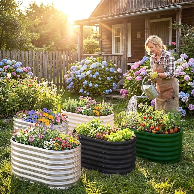 AHEONLAR 3PCS 3x2x2ft Galvanized Raised Garden Beds Outdoor, Oval Raised Beds for Gardening Metal Planter Boxes for Planting Vegetables, Fruit, Herb, Gray