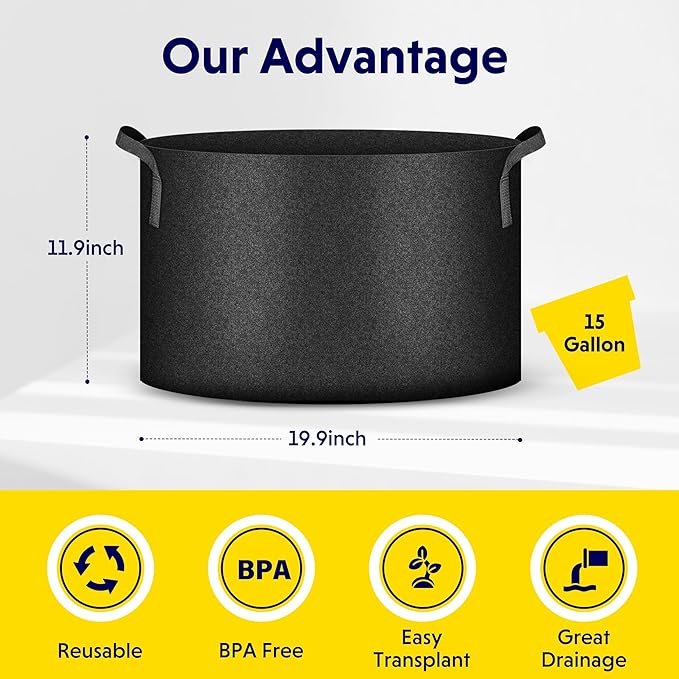 iPower 5-Pack 15 Gallon Plant Grow Bags Thickened Nonwoven Aeration Fabric Pots Heavy Duty Durable Container, Strap Handles for Garden, Black New