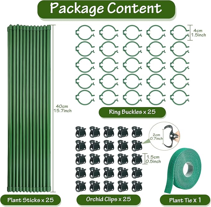 76pcs Plant Stakes for Indoor Plants, 25 Pack 16 inch Plant Support Stakes, Fiberglass Garden Plant Sticks Support with Rings Clips &Tie for Indoor and Outdoor Plants Flowers Tomatoes Orchid