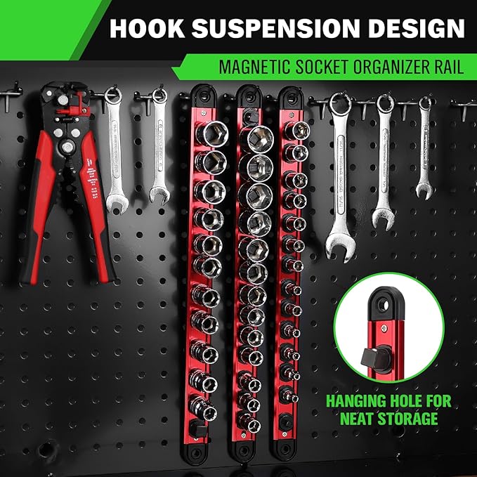 1/2-Inch Magnetic Socket Organizer Rail, Aluminum Alloy Socket Rail, Heavy Duty Sockets Holder with 12 Clips, 360° Swivel Clip Tool Tray, Sockets Organizer for Tool Box Drawer (Red)