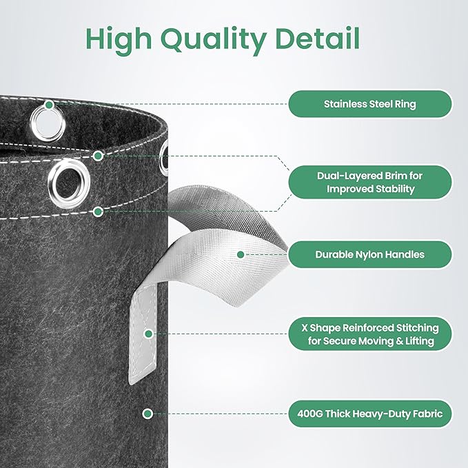 InfiniPower 5 Pack 7 Gallon Plant Grow Bags, 400G Thick Nonwoven Fabric Pots with Multi-Purpose Rings and Handles, Reusable for Low Stress Plant Training Fruits, Vegetables and Flowers
