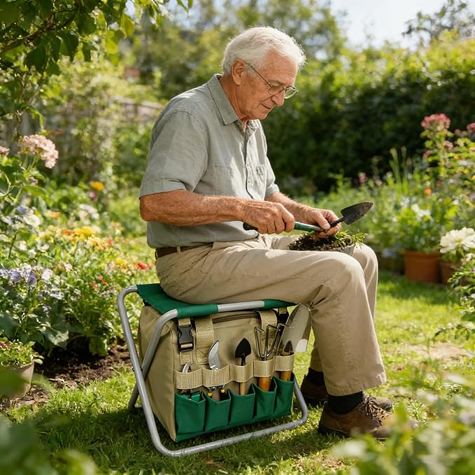 Folding Gardening Stool with Detachable Storage Tote Bag, Portable Garden Seat for Elderly Seniors, Heavy Duty Garden Chair for Gardening, Fishing, Camping, Outdoor & Indoor Use (Green+Khaki)