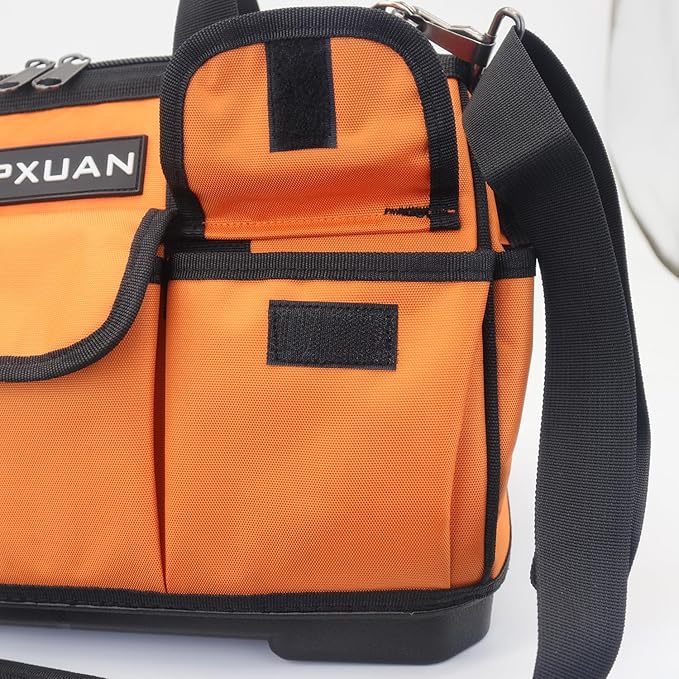 16 Inch Heavy Duty Tool Bag - Molded Plastic Base, Waterproof 900D Oxford Cloth, 16 Pockets Wide Mouth Tool Organizer with Shoulder Strap for Power/Hand Tools (Orange)