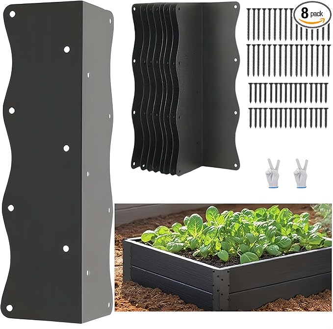 8 Pack Raised Garden Bed Corner Brackets Kit for 20"-24" Raised Bed, 11"x3”x3“ Heavy Duty L Shaped Garden Bed Connectors with Screws, Decorative Corner Braces for Planter Box, Furniture & Wood Fences