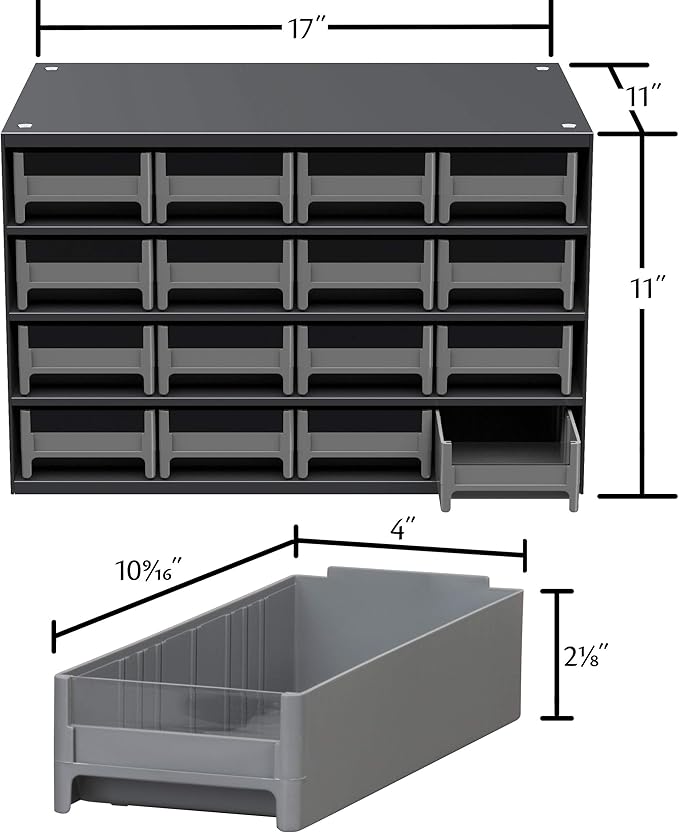 Akro-Mils Steel Garage Storage Cabinet, Small Parts Organizer Metal Cabinet for Hardware, Nails, Screws, Bolts, Nuts, and More, 17" W x 11" D x 11" H, 16-Drawer, Gray Cabinet/Blue Drawers (19416)
