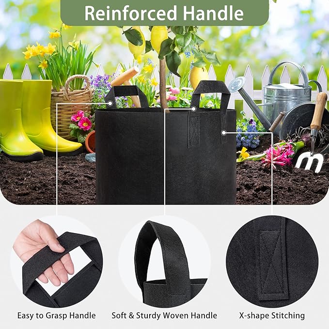 GreatBuddy 10 Gallon Grow Bags 6-Pack, Thick Fabric Pots for Plants, Sturdy Handles & Reinforced Stitching, Labels Included, Black