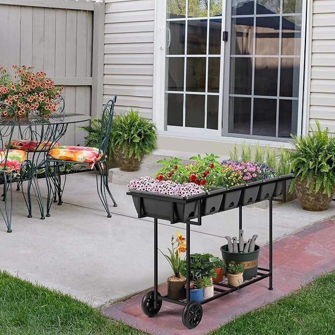 Vrisa Elevated Garden Bed with Shelf 43x17x29 in Outdoor Raised Planter Box with Legs and Wheels Vegetables Herbs Flowers Garden Box with Drain Outlet for Backyard, Patio, Balcony, Grey