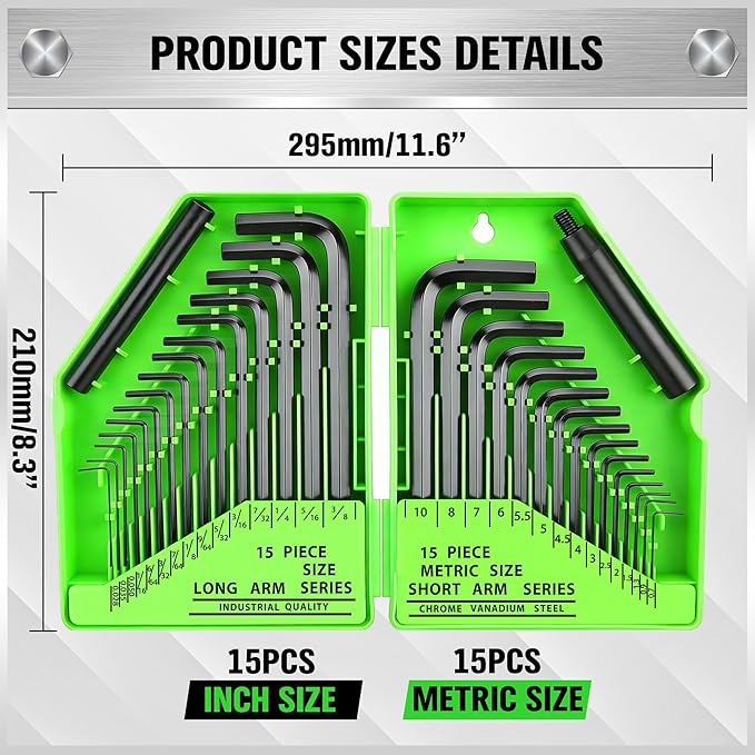 SWANLAKE GARDEN TOOLS 32-Piece Hex Key Allen Wrench Set, SAE and Metric Allen Keys MM(0.7mm-10mm) SAE(0.028"-3/8), L Shape, Chrome Vanadium Steel, Easy Organization