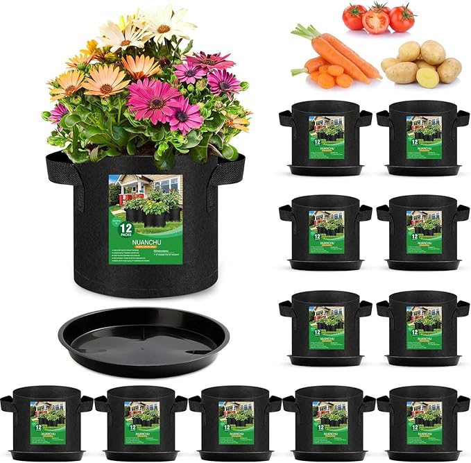 12 Sets 2 Gallon Grow Bags with Plant Saucers, Durable Fabric Plant Pots with Handles, Aeration Drainage Planter Bags for Planter, Reusable Garden Bags Drip Trays Set for Indoor Outdoor
