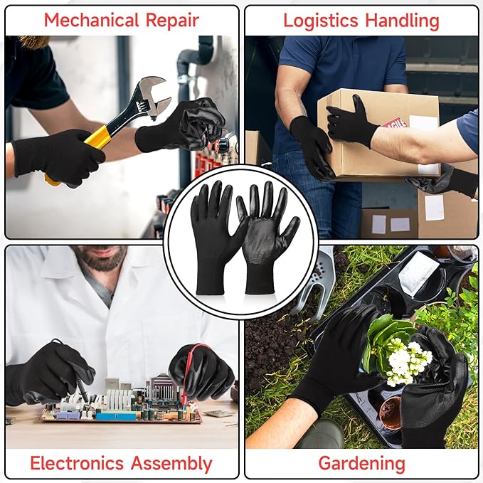 24 Pairs Black Nitrile Coated Work Gloves - Heavy Duty Reusable Working Gloves for Men & Women Working, Gardening, Fishing, Climbing, Warehouse, Extra Large Firm Grip Work Gloves