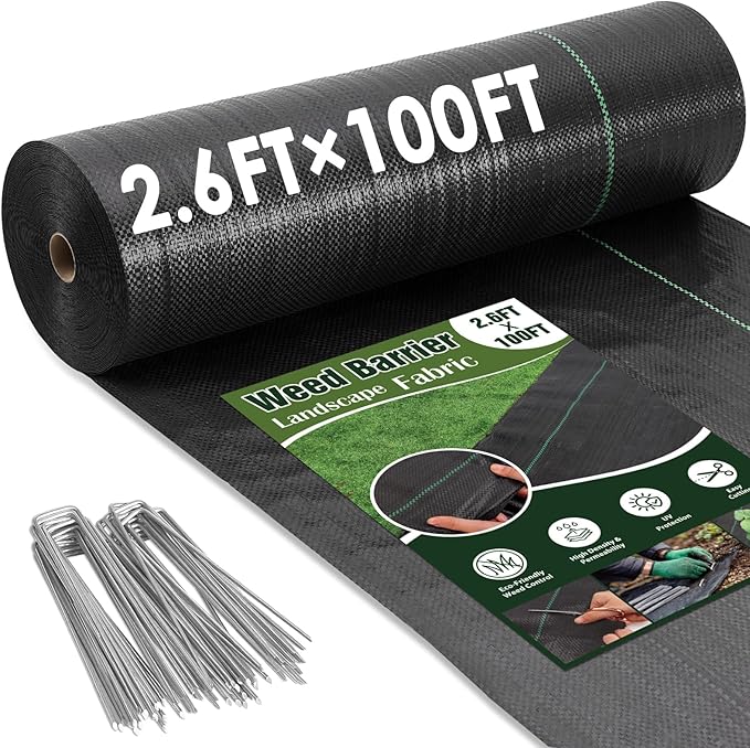HongWay 2.6FT x 100FT Weed Barrier Landscape Fabric, Weed Block Fabric Heavy Duty with 40 U-Shaped Staples, Garden Cloth Weed Control Mats Ground Cover for Garden Beds, Farming, Underlayment