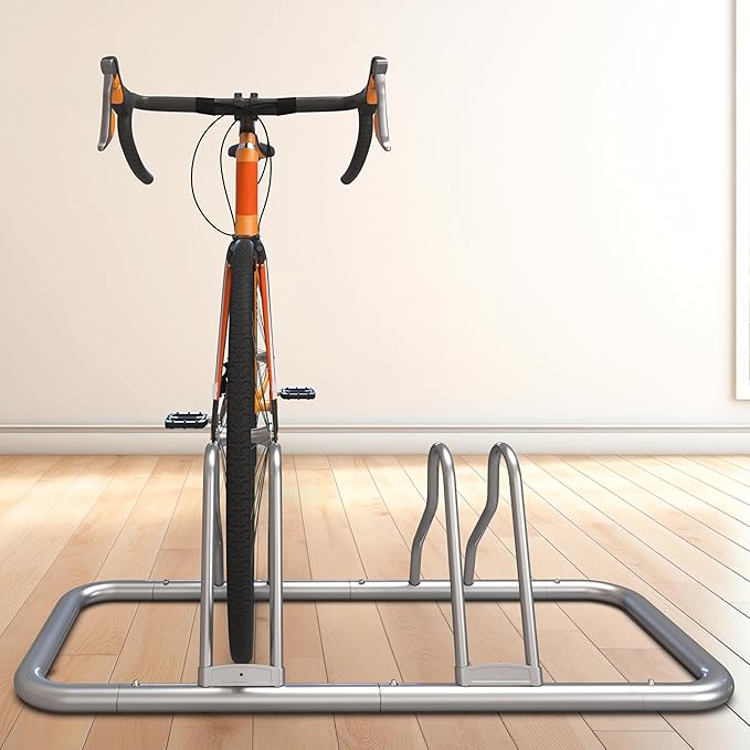 Simple Houseware 2-Bike Floor Storage Rack - Adjustable Bicycle Parking Stand & Garage Organizer for Road and Kids Bikes, Silver