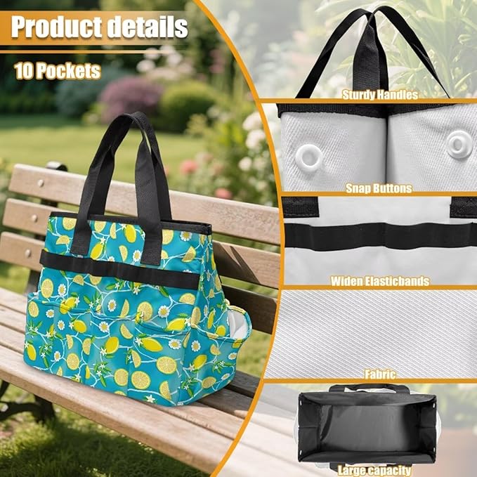 Lemon Daisy Garden Tool Bag Portable Gardening Tool Organizer Bag with 10 Pockets and Handle Tool Carrier and Storage for Garden Lawn Yard Casual Camp