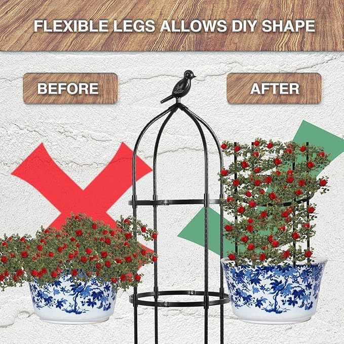 6.7FT Garden Obelisk Trellis for Climbing Plants Outdoor, Adjustable 5-Tier Metal Plant Support with 3 Decorative Tops, Black Rustproof Trellis for Roses, Tomatoes, Clematis & Vines