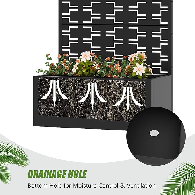 Casaphoria Metal Raised Garden Bed with Trellis, 59"x30"x12" Planter Box for Climbing Plants, Vegetables & Vines, Features Drainage Holes and Privacy Screen, Black-Brick