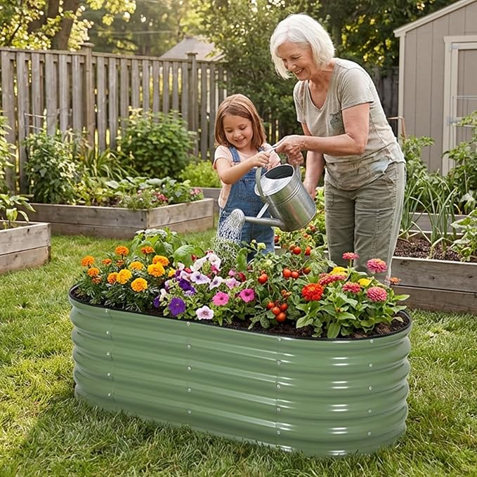 INNO STAGE Galvanized Raised Garden Bed Kits, 4x2x1.4FT Metal Raised Beds Outdoor for Gardening, 17'' Tall Large Steel Raised Planter Bed for Vegetables & Flowers Patio Ground Planter Box - Green