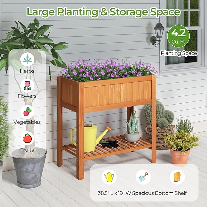 Giantex Raised Garden Bed Outdoor, Elevated Fir Wood Garden Box with Legs, Bottom Storage Shelf & Protective Liner, Planter Raised Bed for Gardening, Fruit, Vegetables, Herbs, 39" Lx20 Wx39 H